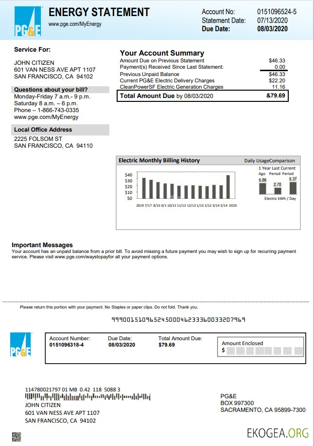 USA California PG&E electricity utility bill template in Word and PDF format